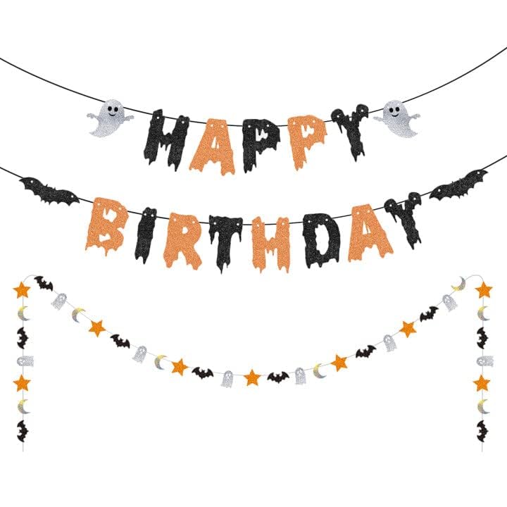 Halloween Happy Birthday Banner Orange & Black Glitter Halloween Garland Halloween Birthday Decorations,Flying Bats Halloween Birthday Decorations,fireplace Halloween Decor