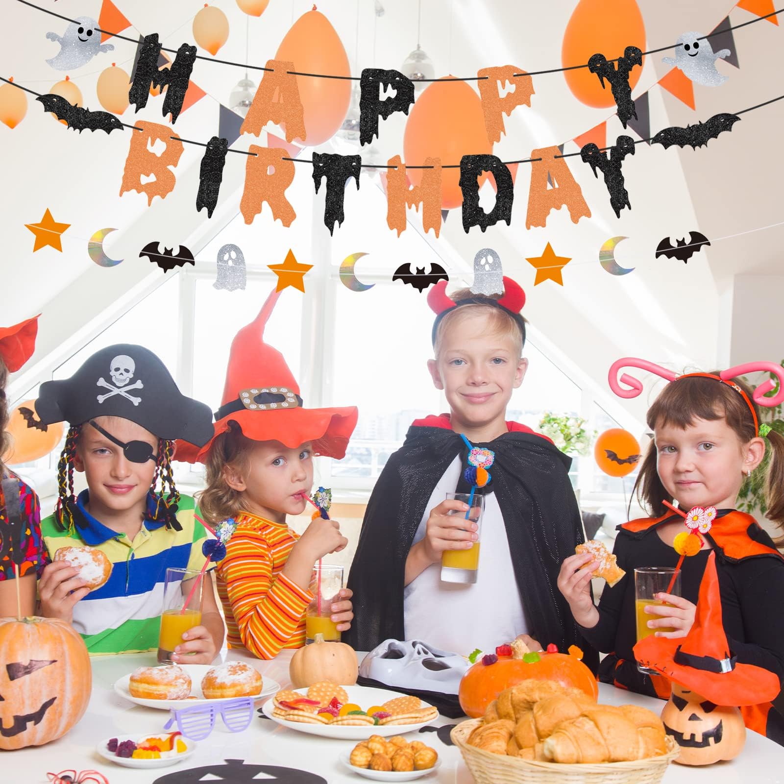 Halloween Happy Birthday Banner Orange & Black Glitter Halloween Garland Halloween Birthday Decorations,Flying Bats Halloween Birthday Decorations,fireplace Halloween Decor