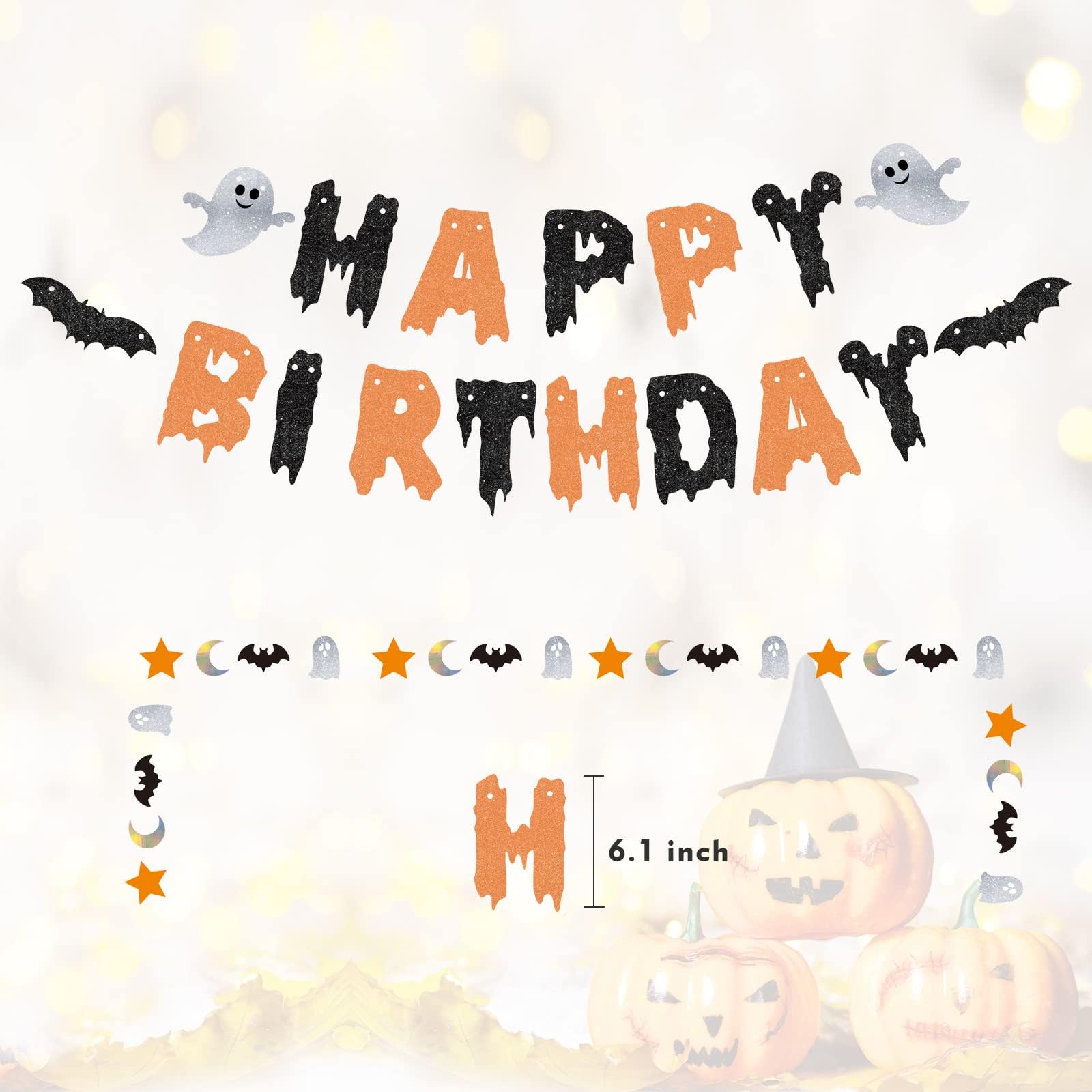 Halloween Happy Birthday Banner Orange & Black Glitter Halloween Garland Halloween Birthday Decorations,Flying Bats Halloween Birthday Decorations,fireplace Halloween Decor