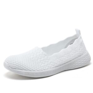 puxowe women's slip on wide walking flat shoes-comfortable low-top knit width loafer sneaker white size 9 us