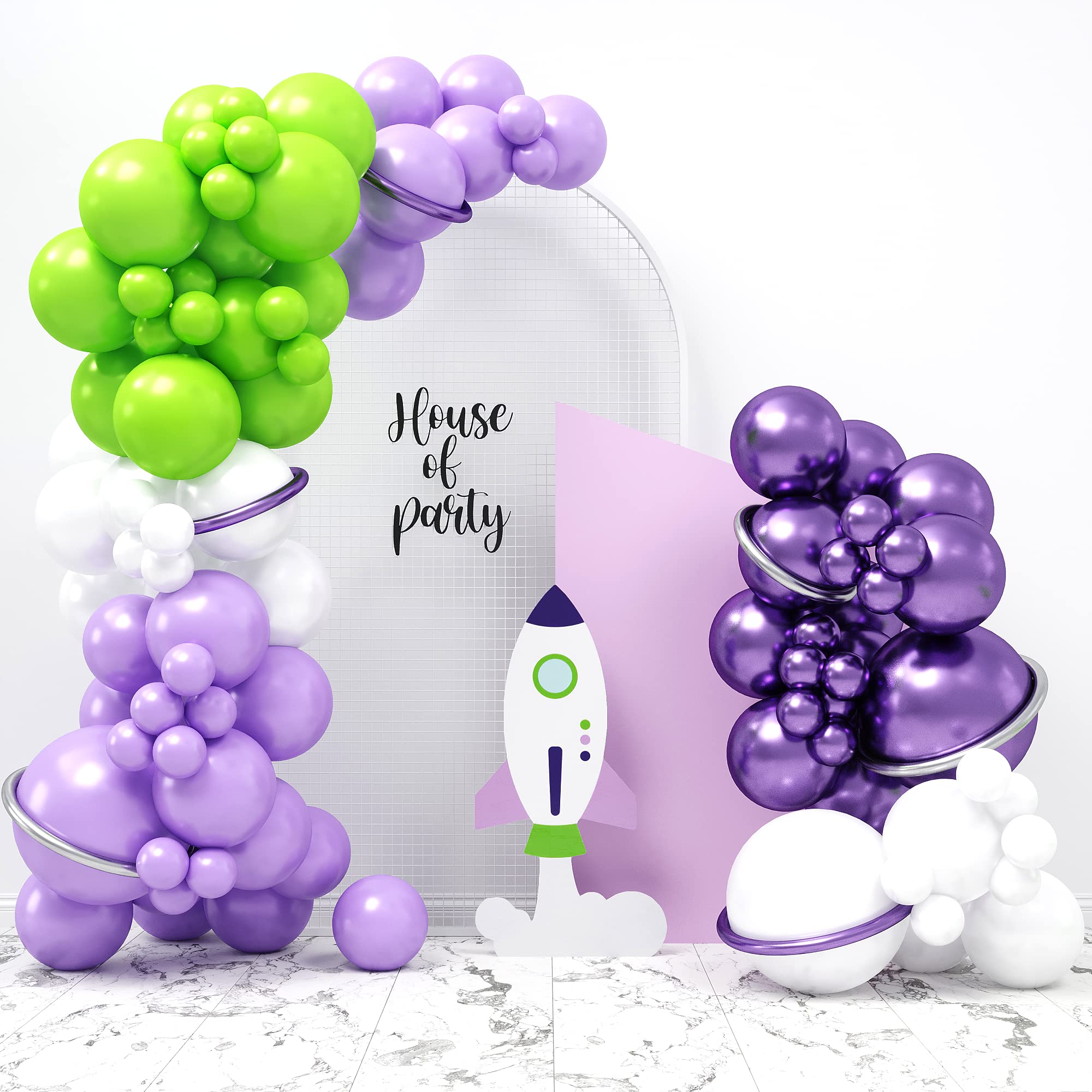 HOUSE OF PARTY Buzz Balloon Garland Kit - 110 Pcs | Lightyear Birthday Party Decorations with Purple Green & White Balloons | Theme Latex Balloons for Baby Shower & Birthday Party Supplies Decorations