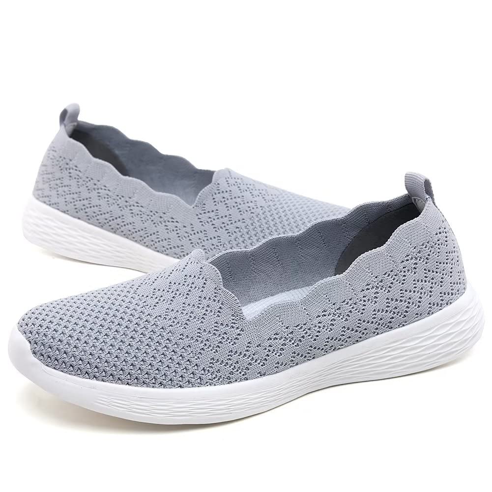 Puxowe Women's Slip on Wide Walking Flat Shoes-Comfortable Low-Top Knit Width Loafer Sneaker Light Gray Size 8 US