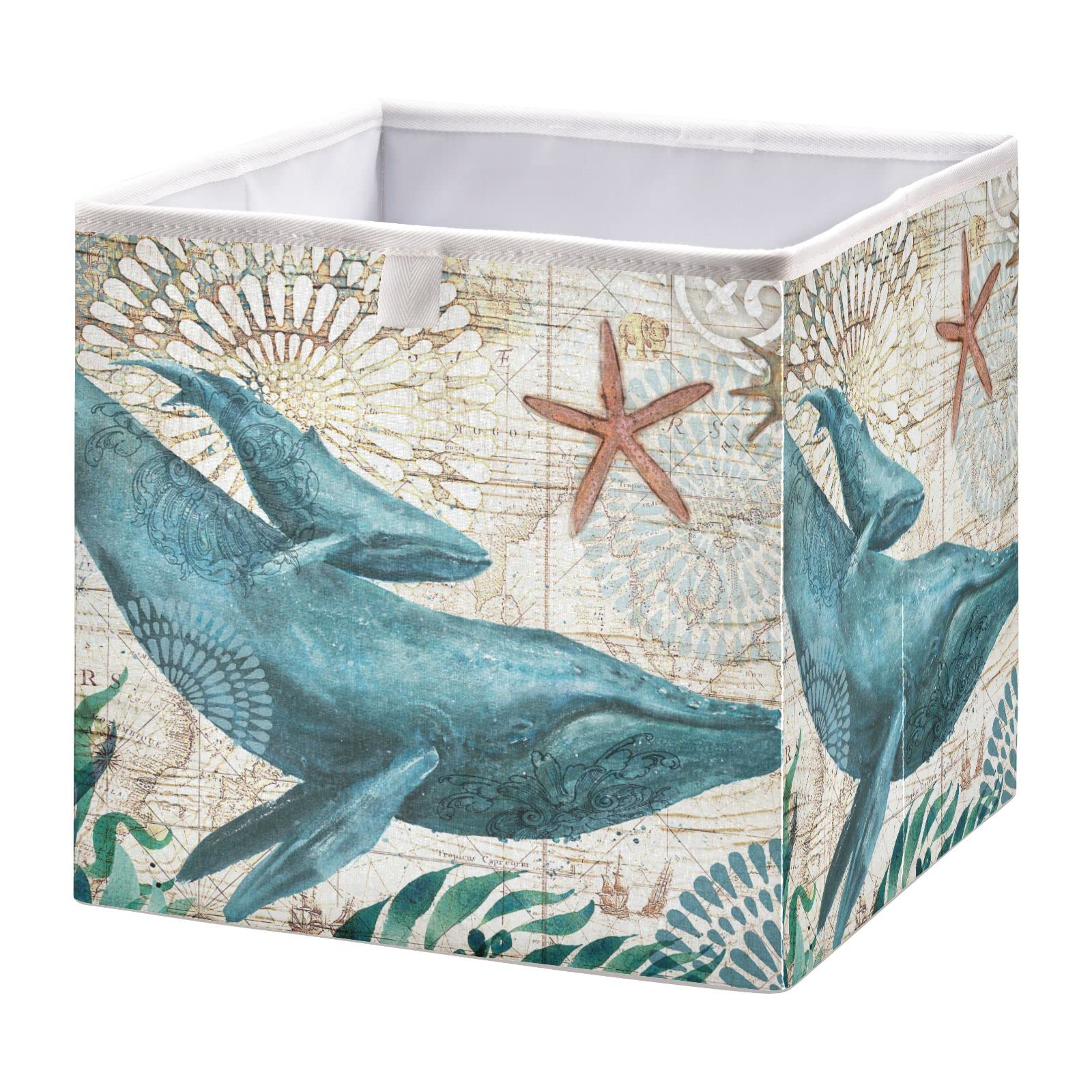 DOMIKING Retro Whale Storage Baskets for Shelves Foldable Collapsible Storage Box Bins with Fabric Bins Cube Toys Organizers for Pantry Bathroom Baby Cloth Nursery,11 x 11inch