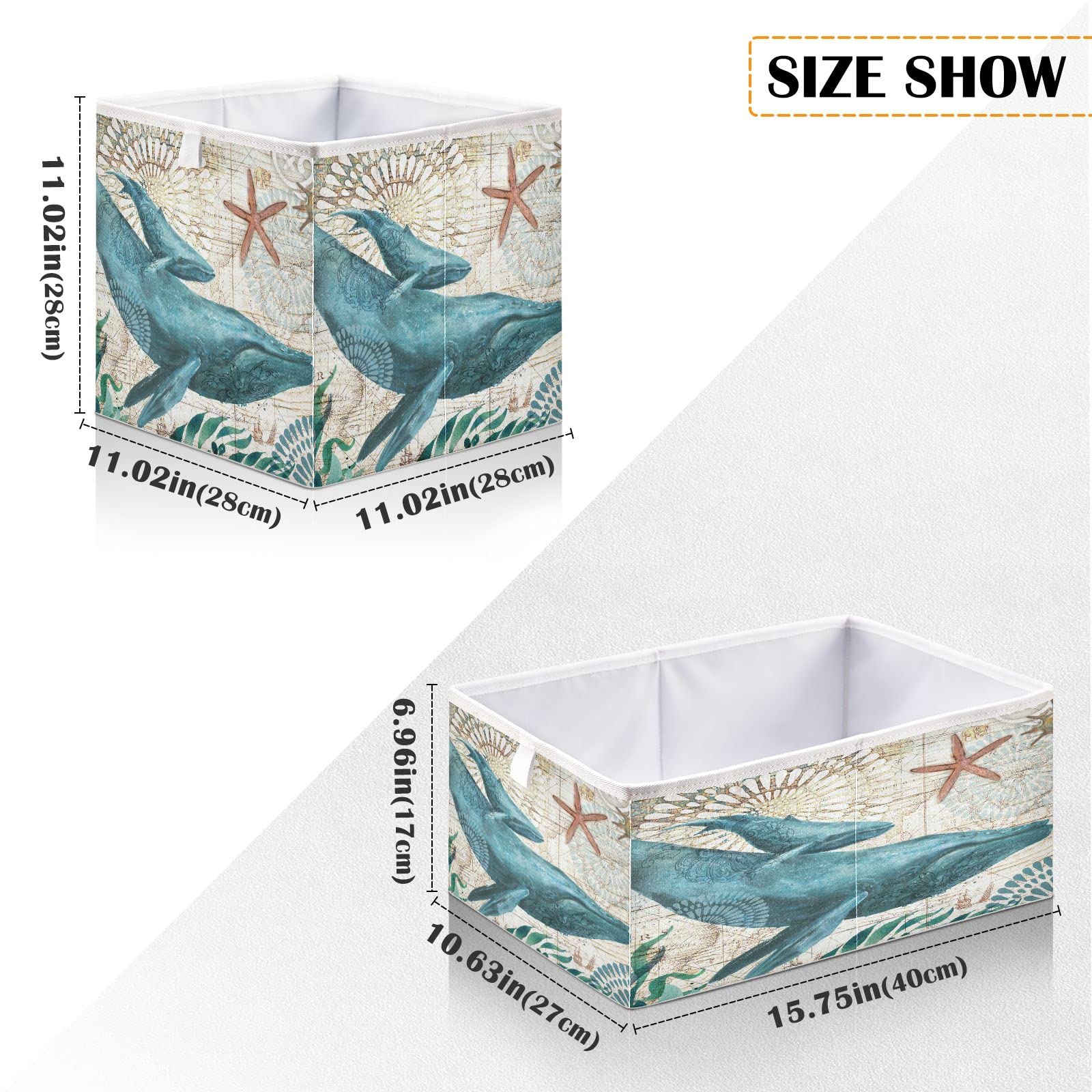 DOMIKING Retro Whale Storage Baskets for Shelves Foldable Collapsible Storage Box Bins with Fabric Bins Cube Toys Organizers for Pantry Bathroom Baby Cloth Nursery,11 x 11inch