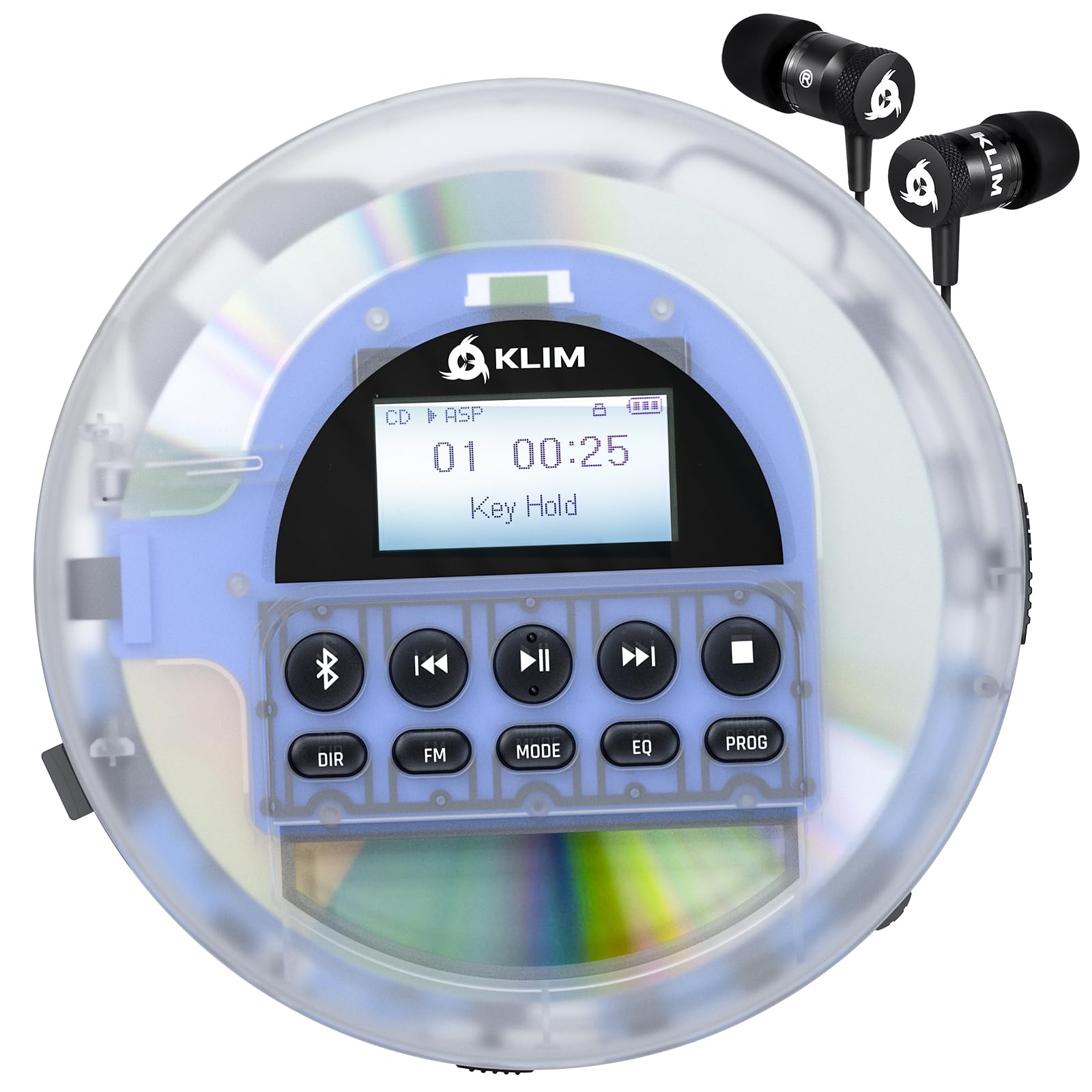 KLIM Nomad Transparent - New 2024 - Portable CD Player Walkman with Long-Lasting Battery - Includes Headphones - Radio FM - MP3 CD Player Portable - TF Card Radio FM Bluetooth - Ideal for Cars