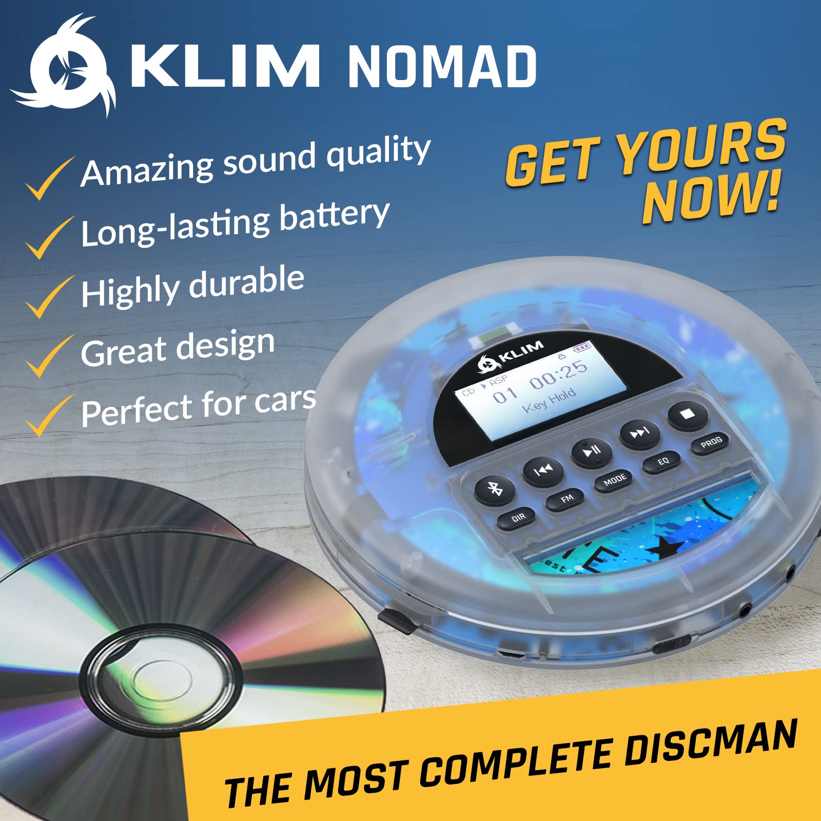 KLIM Nomad Transparent - New 2024 - Portable CD Player Walkman with Long-Lasting Battery - Includes Headphones - Radio FM - MP3 CD Player Portable - TF Card Radio FM Bluetooth - Ideal for Cars