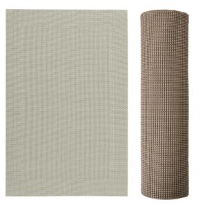 home genie dining table placemats set of 6 and non adhesive drawer and shelf liner, placemats are 18x12 inch in champagne color, drawer and shelf liner is 12 in x 20 ft in light taupe color, 2 item bu