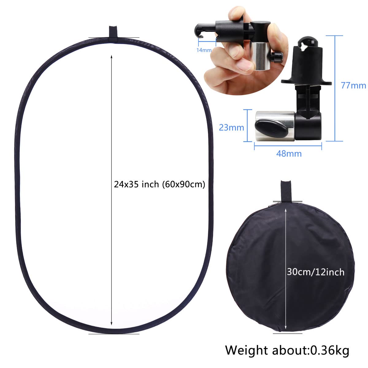 24x35inch Photography Light Reflector with Clip 5 in 1 Portable 60x90cm Oval Collapsible Multi Disc Photography Studio Photo Camera Lighting Reflector Diffuser