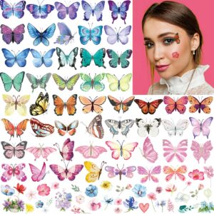 onogola 100pcs butterfly temporary tattoos for kids women girls, fake colorful butterflies wings flower tattoo stickers art waterproof for face body arm birthday party favors makeup supplies gifts