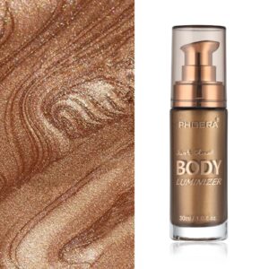 Body Shimmer Oil, Waterproof Long Lasting Moisturizing Body Luminizer Glow For Face , Liquid Illuminator Highlighter 1oz/Jars, Makeup Brush Include (Glistening Bronze #03)