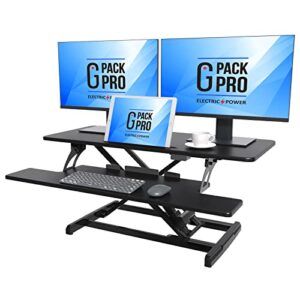 g-pack pro x38 electric standing desk converter motorized stand up riser for sit stand desk workstation with removable keyword tray and space for dual monitors