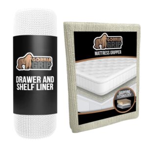 gorilla grip drawer liner and mattress gripper, drawer liner size 12 in x 20 ft in white, non adhesive, mattress gripper size queen, slip resistant, easy trim, 2 item bundle