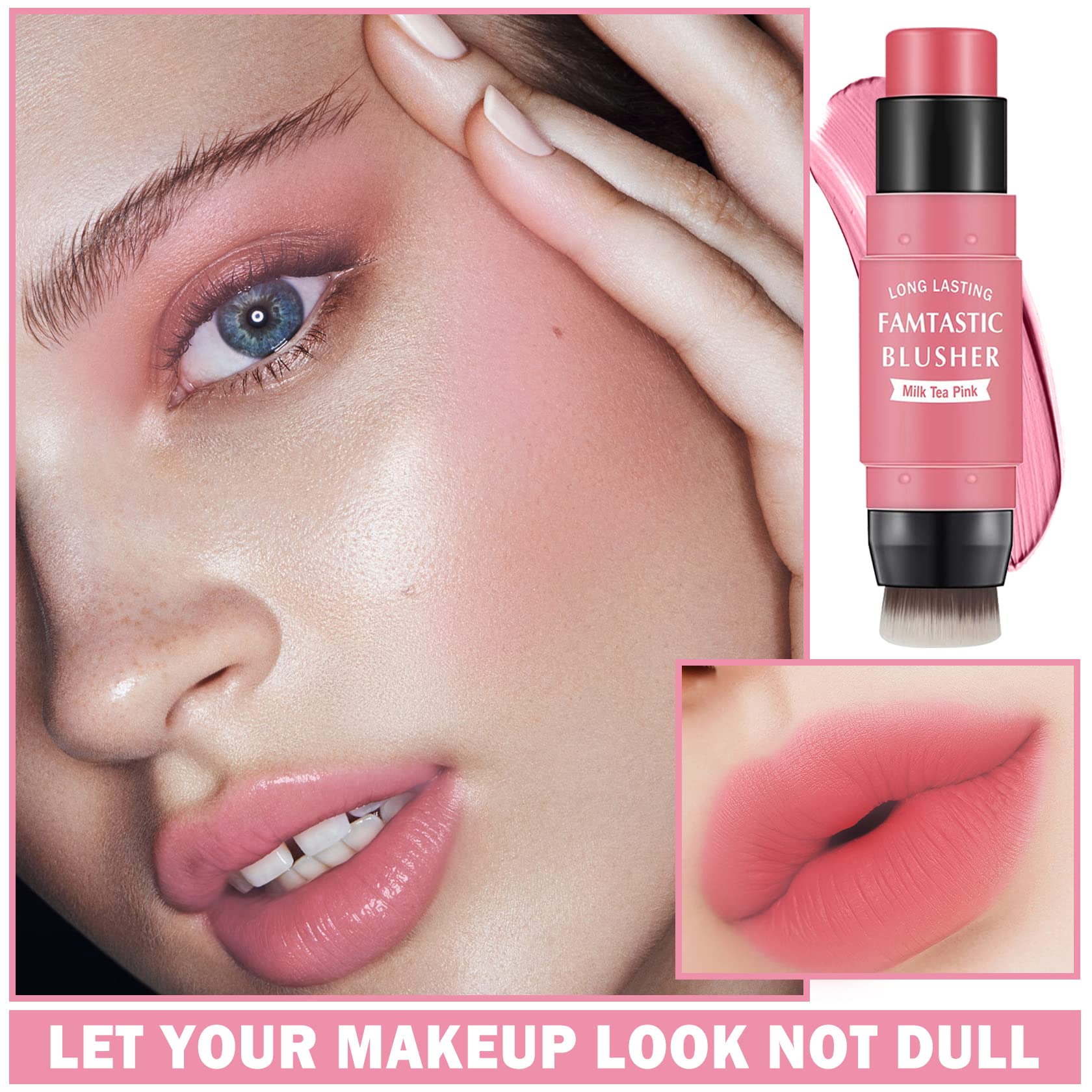 Cream Blush Stick with Brush,Waterproof Blush Makeup,Long Lasting 3 In 1 Cheek Blush & Lip Tint & Eye Shadow Makeup Stick,Easy To Use Blends Effortlessly,Cream Blush Makeup for All Skin Tones - Cherry Pink