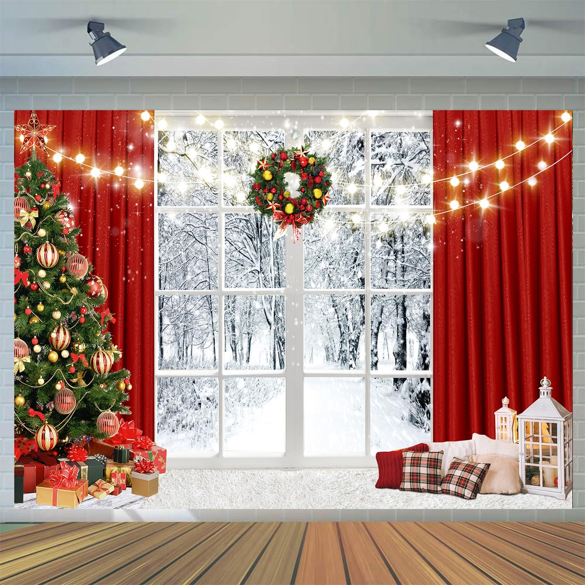CYLYH 7x5ft Christmas Window Backdrop for Photography Winter Snow Scene Xmas Party Decorations Background Christmas Festival Party Banner Backdrop D586