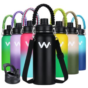 werewolves 24 oz insulated water bottle with paracord handles & strap & straw lid & spout lid,reusable wide mouth vacuum stainless steel water bottle for adults (new-black, 24 oz)