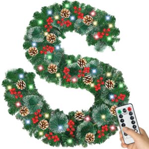 treetim 9 ft christmas garland with 100 led lights and remote control, battery operated pre-lit xmas garland of 9 light modes and timer, suitable for indoor outdoor mantle fireplace(color)