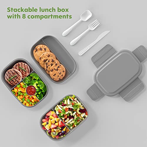 3 Stackable Lunch Containers for Adults/Kids, Modern Minimalist Design Bento Box with Utensil Set, Leak-Proof Lunchbox Bento Box for Dining Out, Work, Picnic, School