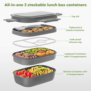 3 Stackable Lunch Containers for Adults/Kids, Modern Minimalist Design Bento Box with Utensil Set, Leak-Proof Lunchbox Bento Box for Dining Out, Work, Picnic, School