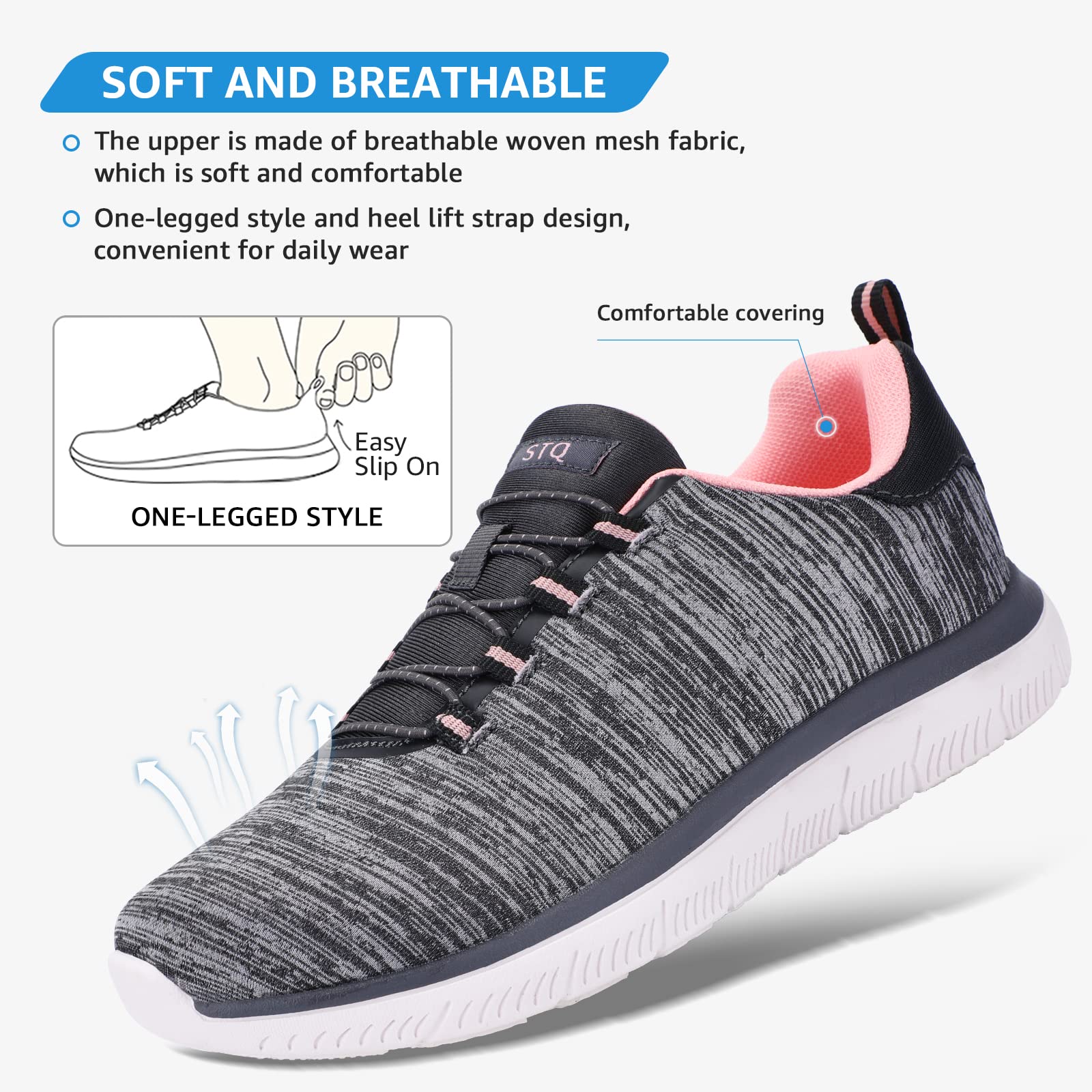 STQ Slip On Fashion Sneakers for Women Lightweight Walking Breathable Non Slip for Gym Workout Comfortable Grey Aque 7.5