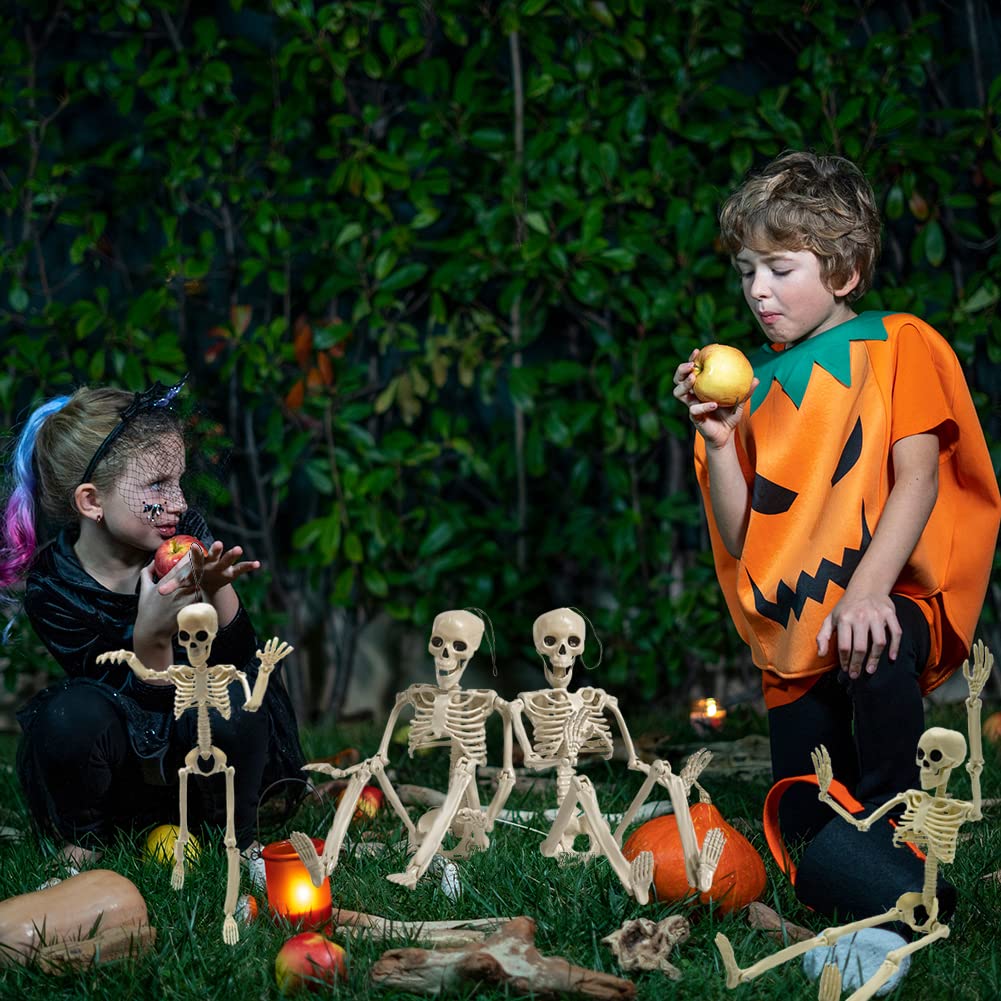 6PCS Skeleton Halloween Decorations, 16 in Full Body Poseable Small Skeleton Plastic Bones with Movable Posable Joints for Halloween Indoor Outdoor Party, Graveyard, Haunted House Accessories