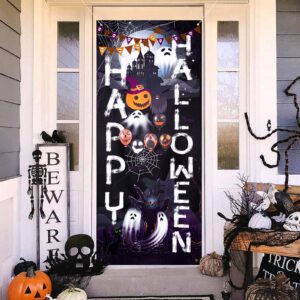 happy halloween door cover for halloween door decoration, large fabric halloween party decorations window door cover for front door decoration halloween party supplies indoor outdoor, 5.9 x 2.5 feet