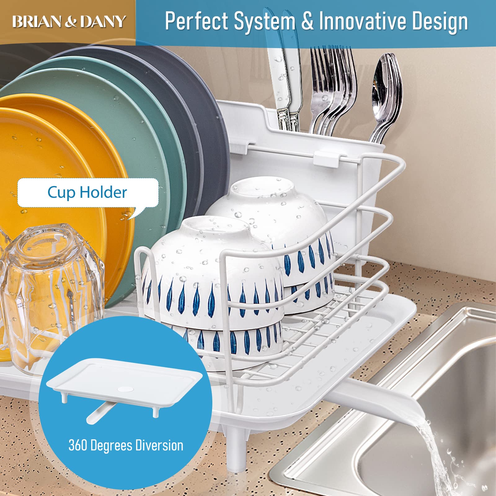 BRIAN & DANY Dish Drying Rack, Stainless Steel Dish Racks for Kitchen Counter, Dish Rack with Cutlery Holder & Drainboard, 15.5"x 11.8"x 8.58", White