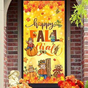 Fall Porch Decorations-Scarecrow Happy Fall Door Cover Thanksgiving Maple Leaves Pumpkin Banner Photo Background for Autumn Decor