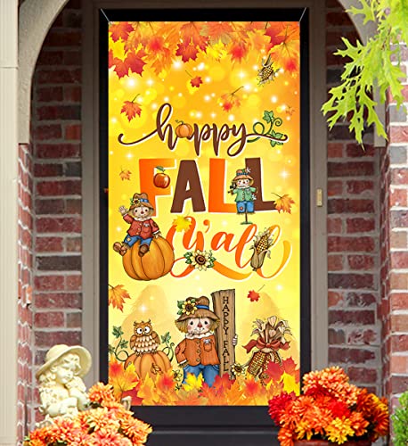 Fall Porch Decorations-Scarecrow Happy Fall Door Cover Thanksgiving Maple Leaves Pumpkin Banner Photo Background for Autumn Decor