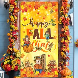 Fall Porch Decorations-Scarecrow Happy Fall Door Cover Thanksgiving Maple Leaves Pumpkin Banner Photo Background for Autumn Decor