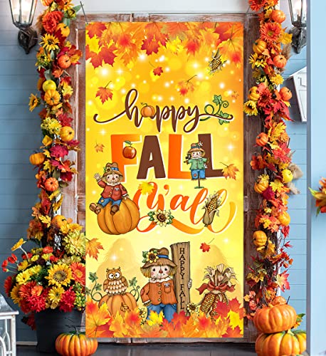 Fall Porch Decorations-Scarecrow Happy Fall Door Cover Thanksgiving Maple Leaves Pumpkin Banner Photo Background for Autumn Decor