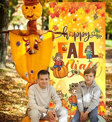 Fall Porch Decorations-Scarecrow Happy Fall Door Cover Thanksgiving Maple Leaves Pumpkin Banner Photo Background for Autumn Decor