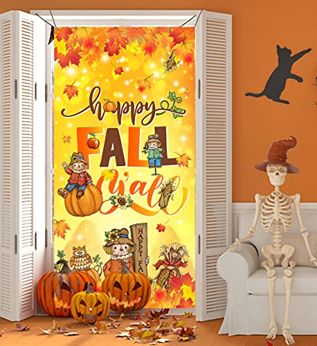 Fall Porch Decorations-Scarecrow Happy Fall Door Cover Thanksgiving Maple Leaves Pumpkin Banner Photo Background for Autumn Decor