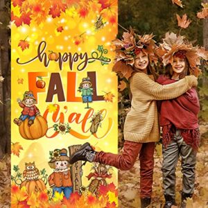 Fall Porch Decorations-Scarecrow Happy Fall Door Cover Thanksgiving Maple Leaves Pumpkin Banner Photo Background for Autumn Decor