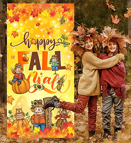 Fall Porch Decorations-Scarecrow Happy Fall Door Cover Thanksgiving Maple Leaves Pumpkin Banner Photo Background for Autumn Decor