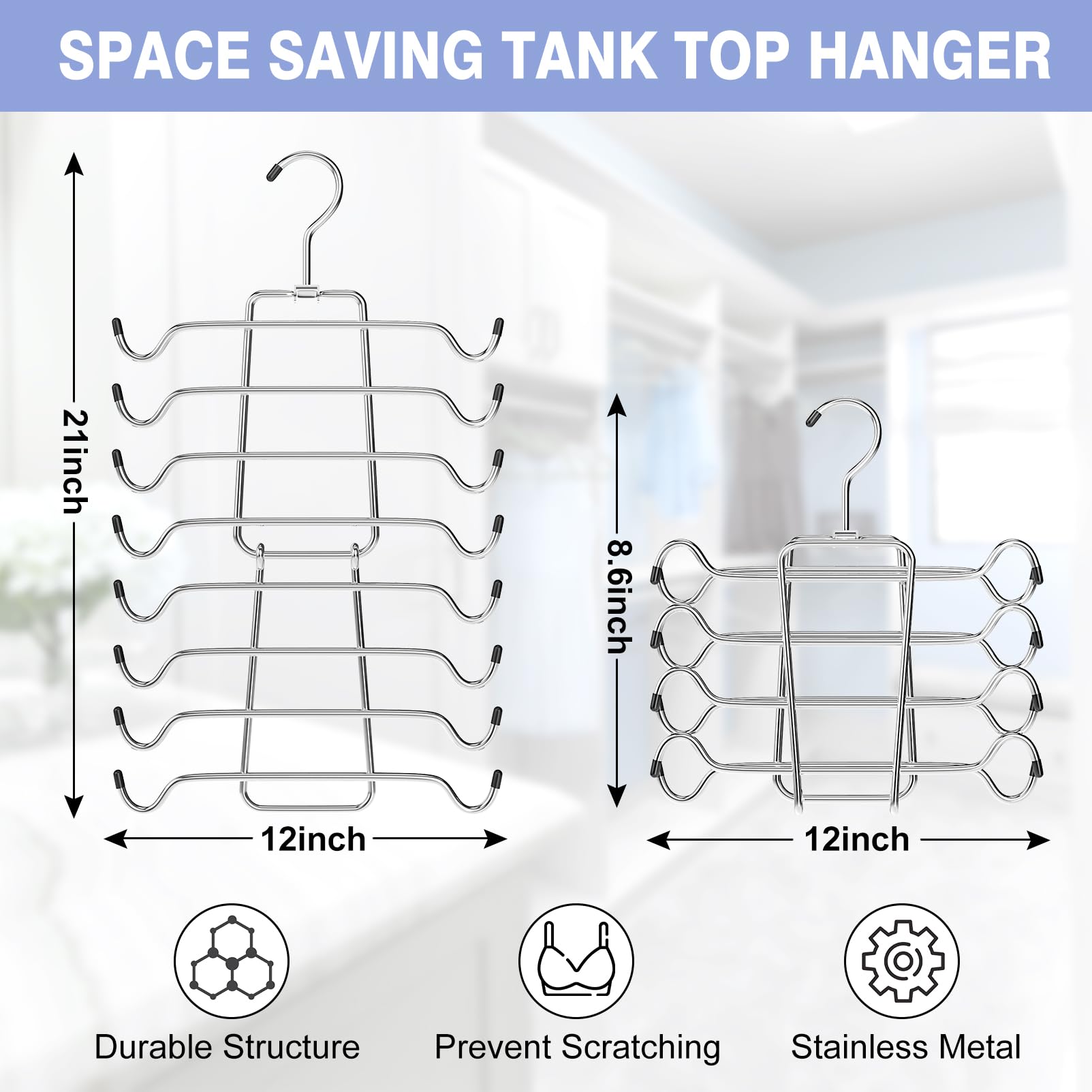 2Pcs Tank Top Hangers Space Saving Hanger Organizer Bra Hangers for Closet Organizer 360° Rotating Metal Closet Organizers and Storage Lingerie Hangers for Cami Bras Belts Swimsuits Lingeries Silver