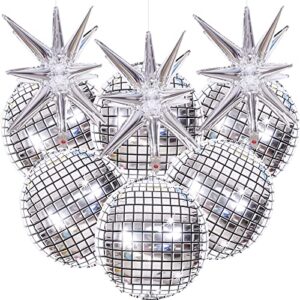 9 pcs giant silver 4d disco ball balloons, 22 inch silver explosion star foil mylar balloons and 4d round metallic silver disco balloons for 70s 80s 90s disco theme party decorations