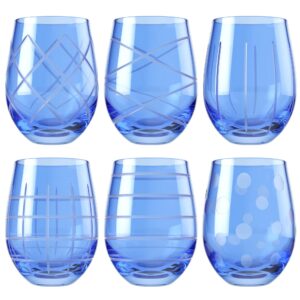 american atelier medallion stemless wine glass set of 6, 17 oz, etched patterns, textured glass cups, glasses for red or white wine, stemless goblets, fifth avenue crystal, blue