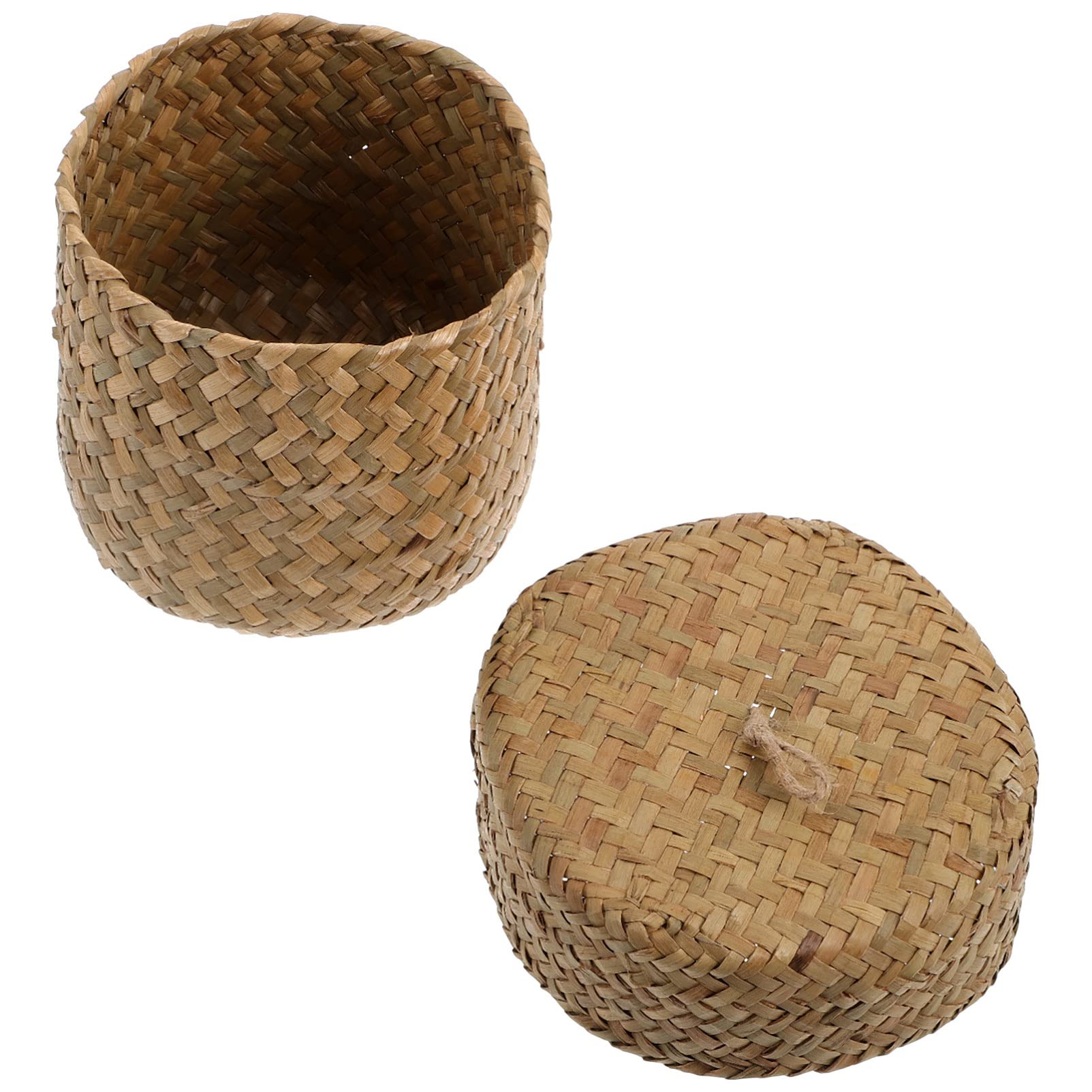 DOITOOL Hand Woven Seagrass Mini Round Basket with Lid, 12x9cm, Beige, Tabletop Decorative Storage Basket