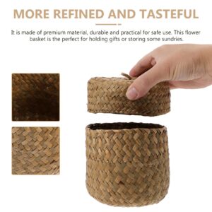 DOITOOL Hand Woven Seagrass Mini Round Basket with Lid, 12x9cm, Beige, Tabletop Decorative Storage Basket