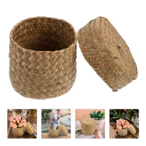 DOITOOL Hand Woven Seagrass Mini Round Basket with Lid, 12x9cm, Beige, Tabletop Decorative Storage Basket