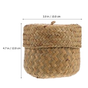 DOITOOL Hand Woven Seagrass Mini Round Basket with Lid, 12x9cm, Beige, Tabletop Decorative Storage Basket