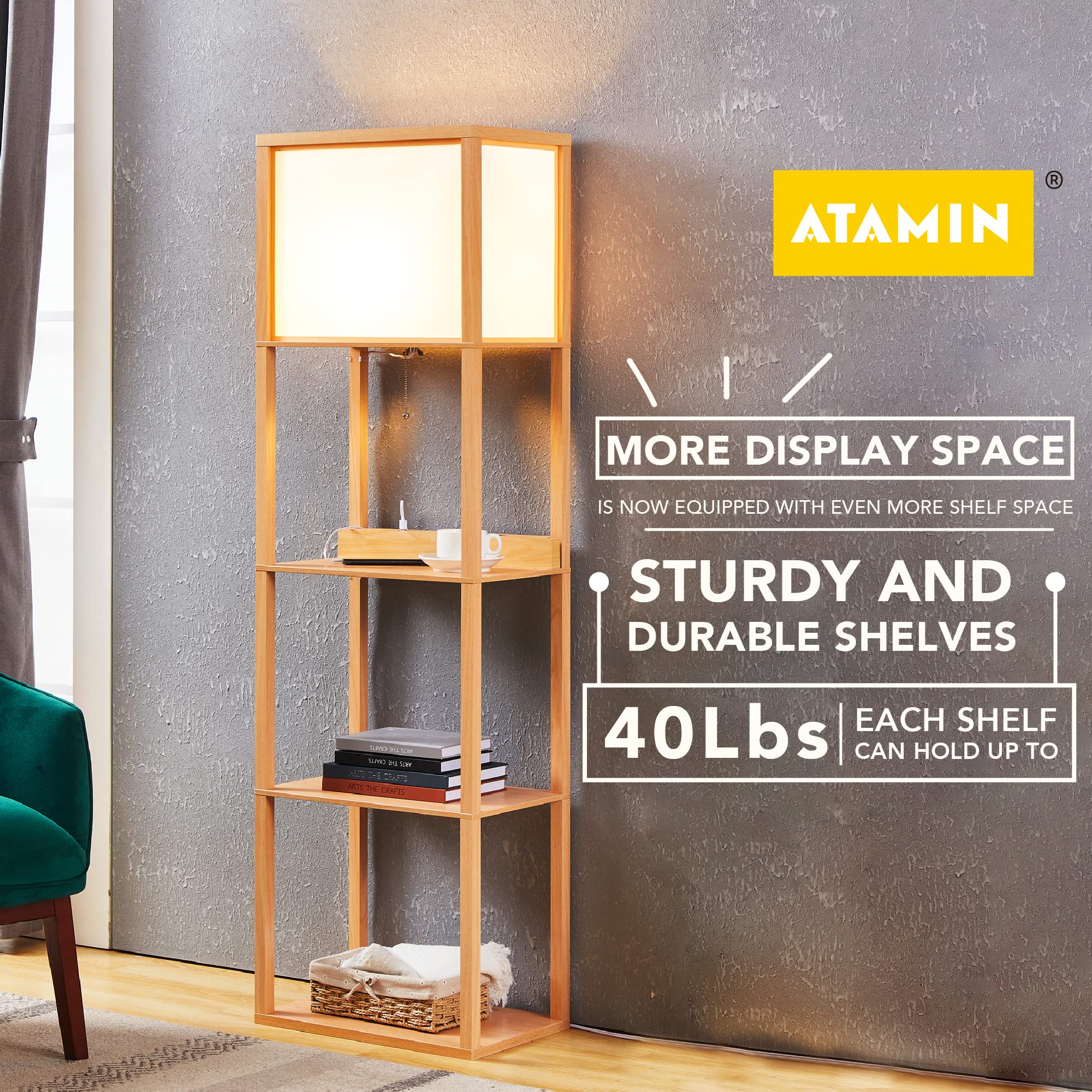 ATAMIN Avery Plus Charging Edition - 63" Floor Lamp with USB-C Charging Station, Shelf Lamp for Living Room and Bedroom, Standing Lamp with Shelves, USB, USB-C, and Power Outlet (Natural Wood)