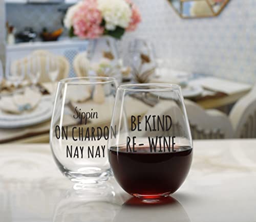 Circleware Radiance Stemless Wine Glasses, Set of 4, Home & Kitchen,Dining Glassware for Water, Beer, Juice, Ice Tea, Whiskey Bar Beverage Cup Gifts, 15 oz, (Sippin on Chardon nay - Be kind Re-Wine)