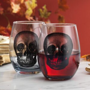 home to table set of 2 skull stemless clear large wine glass 20oz with smoke colored skull design- for red or white wine- great for bars, parties, outdoors & daily use