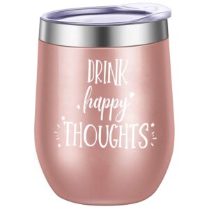 drink happy thoughts 12 oz insulated wine glass tumbler cup with lid - rose gold stainless steel iced coffee mug stemless cup- unique birthday gifts idea for women girl