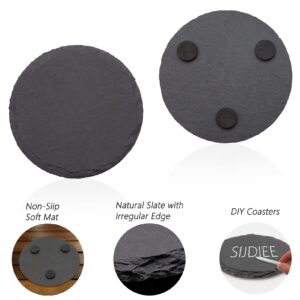 4 PCS Round Slate Drink Coasters Set, SIJDIEE 4 Inch Black Slate Stone Coasters with Anti-Scratch Bottom and Coaster Holder for Office Bar Kitchen Home Dinner Table Decor Supplies