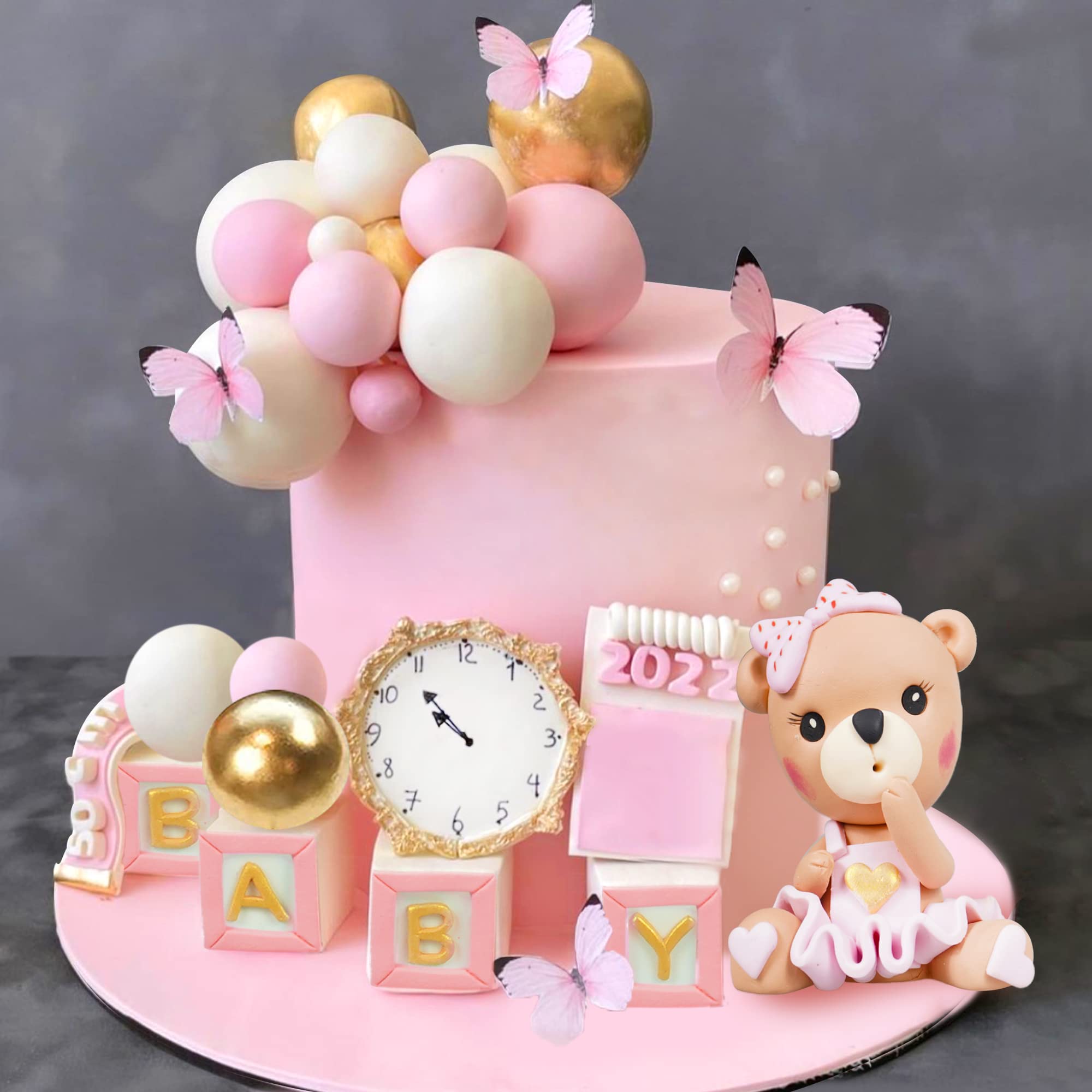 Bear Cake Toppers Mini Bear Cake Decorations Pink BABY Letter Cake Toppers Gold Pink White Pearl Ball For Baby Shower Girl Birthday Party Teddy Bear Theme Party Supplies (Pink Baby)