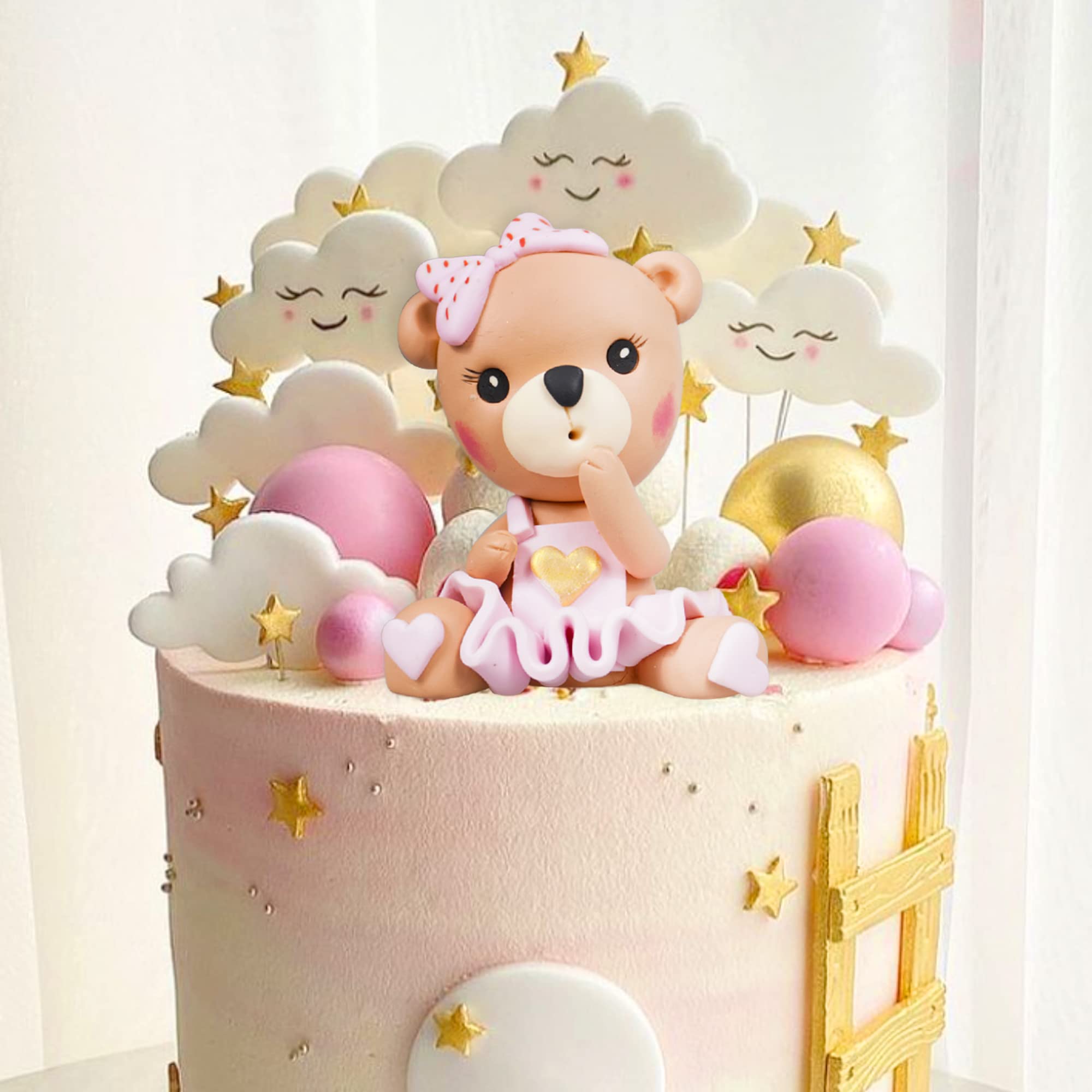 Bear Cake Toppers Mini Bear Cake Decorations Pink BABY Letter Cake Toppers Gold Pink White Pearl Ball For Baby Shower Girl Birthday Party Teddy Bear Theme Party Supplies (Pink Baby)