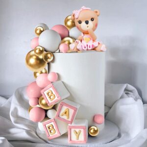 Bear Cake Toppers Mini Bear Cake Decorations Pink BABY Letter Cake Toppers Gold Pink White Pearl Ball For Baby Shower Girl Birthday Party Teddy Bear Theme Party Supplies (Pink Baby)