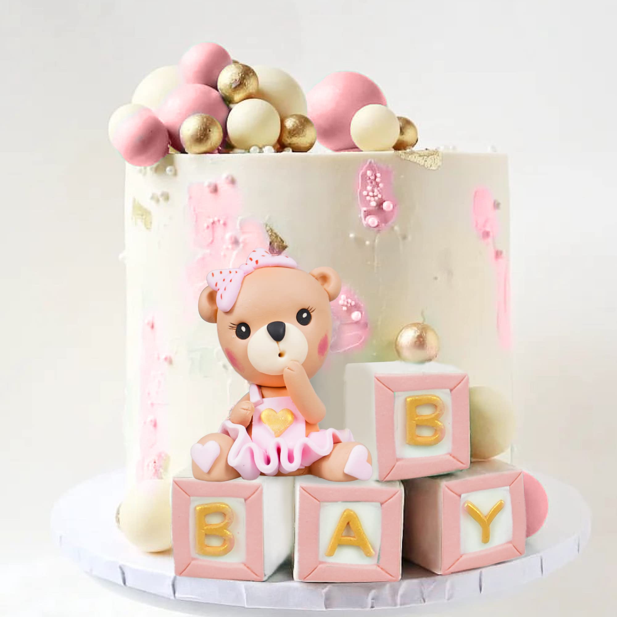 Bear Cake Toppers Mini Bear Cake Decorations Pink BABY Letter Cake Toppers Gold Pink White Pearl Ball For Baby Shower Girl Birthday Party Teddy Bear Theme Party Supplies (Pink Baby)